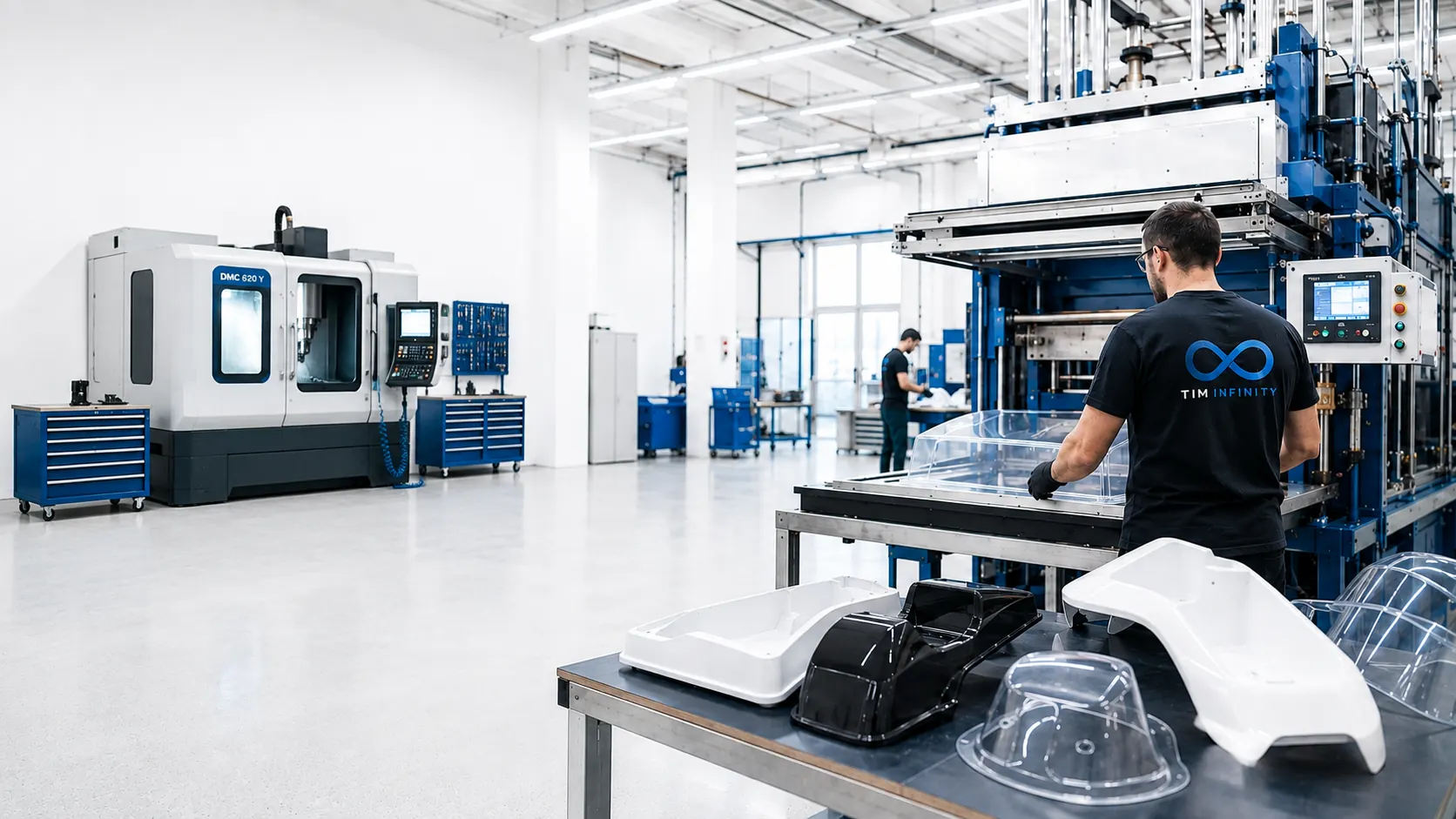 Bediener neben einer Thermoformmaschine mit tiefgezogenen Kunststoffteilen.