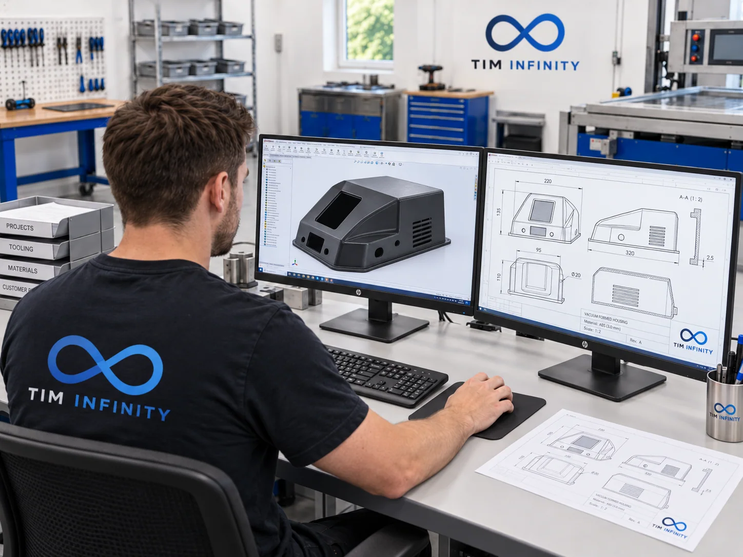 Digitales 3D-Modell eines Kunststoffteils und technische Zeichnung am Bildschirm.