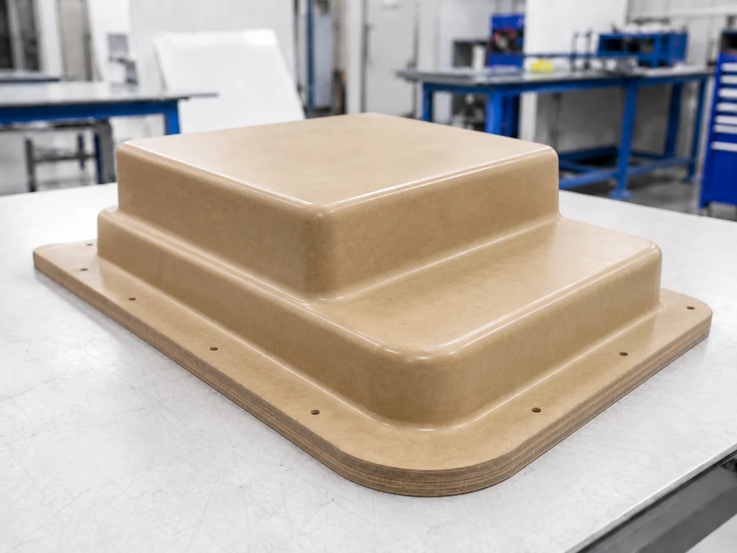 MDF-Werkzeug mit einfacher Geometrie, vorbereitet zum Thermoformen.