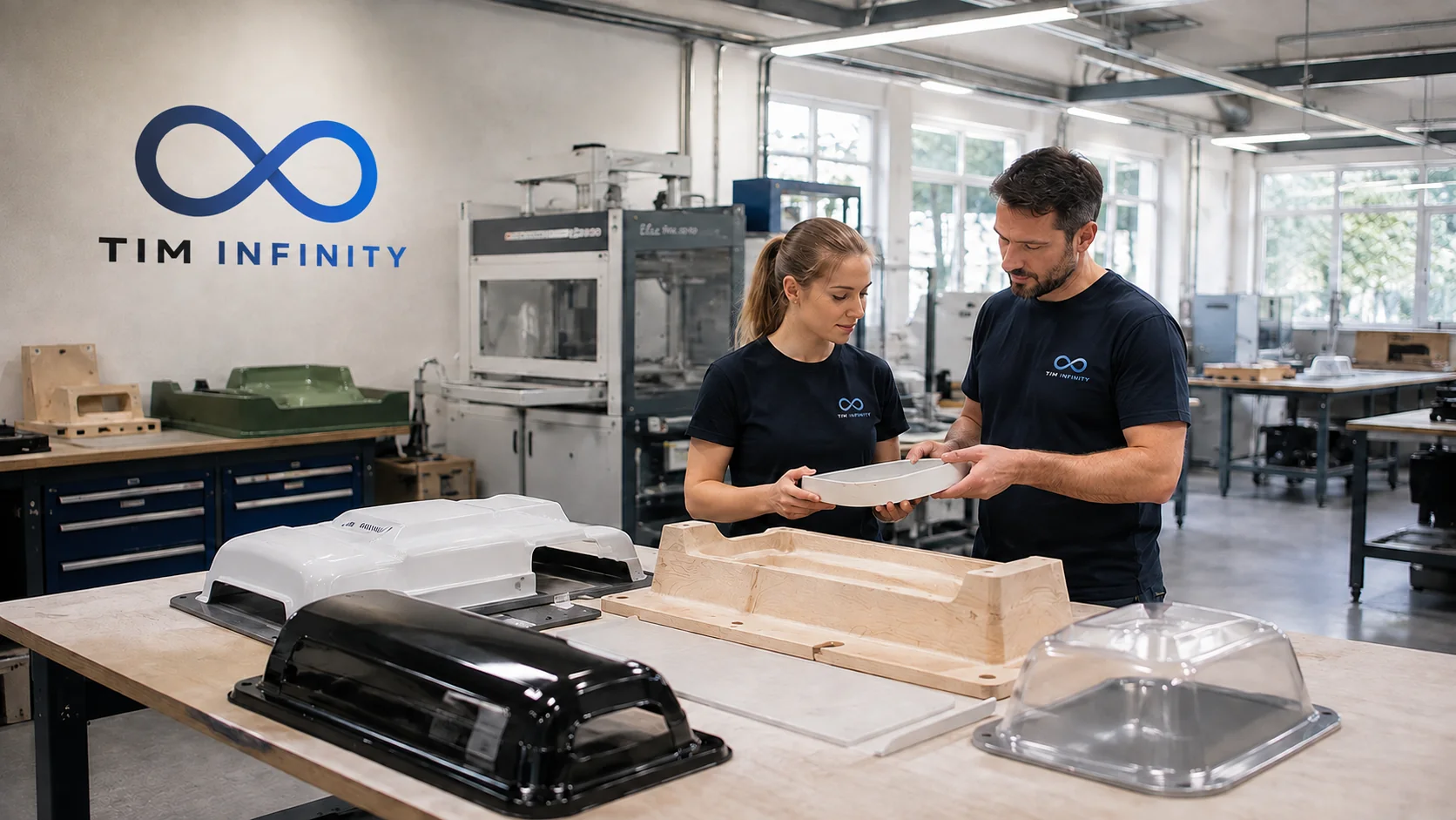 Zwei Teammitglieder prüfen ein tiefgezogenes Kunststoffteil in einer Werkstatt mit Werkzeugen und fertigen Bauteilen.