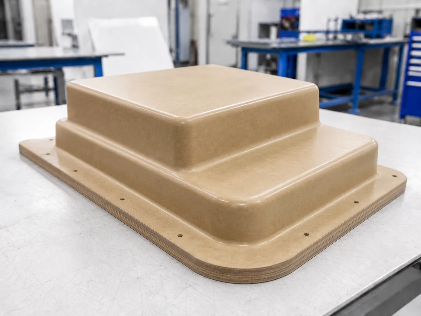 MDF tool prepared for thermoforming a plastic part.
