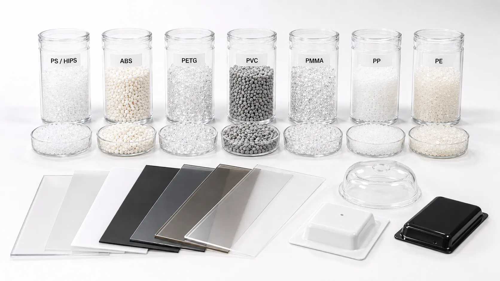 Thermoplastic sheets and formed plastic parts for thermoforming.