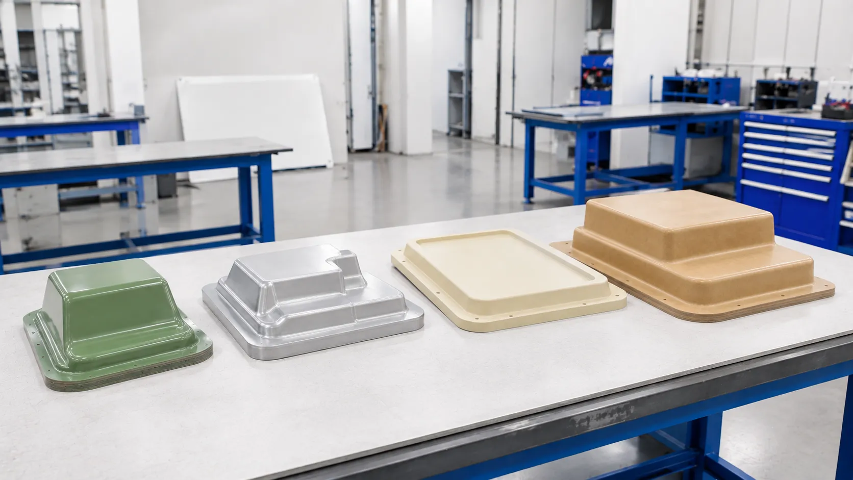Četiri alata za termoformiranje od kompozita, aluminijuma, modelarske ploče i MDF-a na radnom stolu.